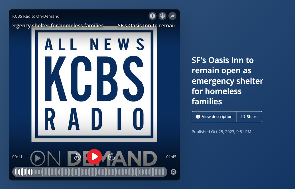 KCBS Radio: SF’s Oasis Inn to remain open as emergency shelter for homeless families