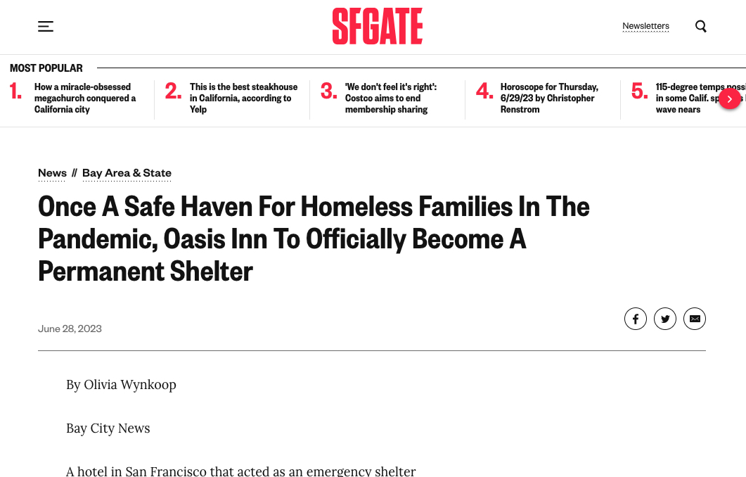 Bay City News: Once A Safe Haven For Homeless Families In The Pandemic, Oasis Inn To Officially Become A Permanent Shelter