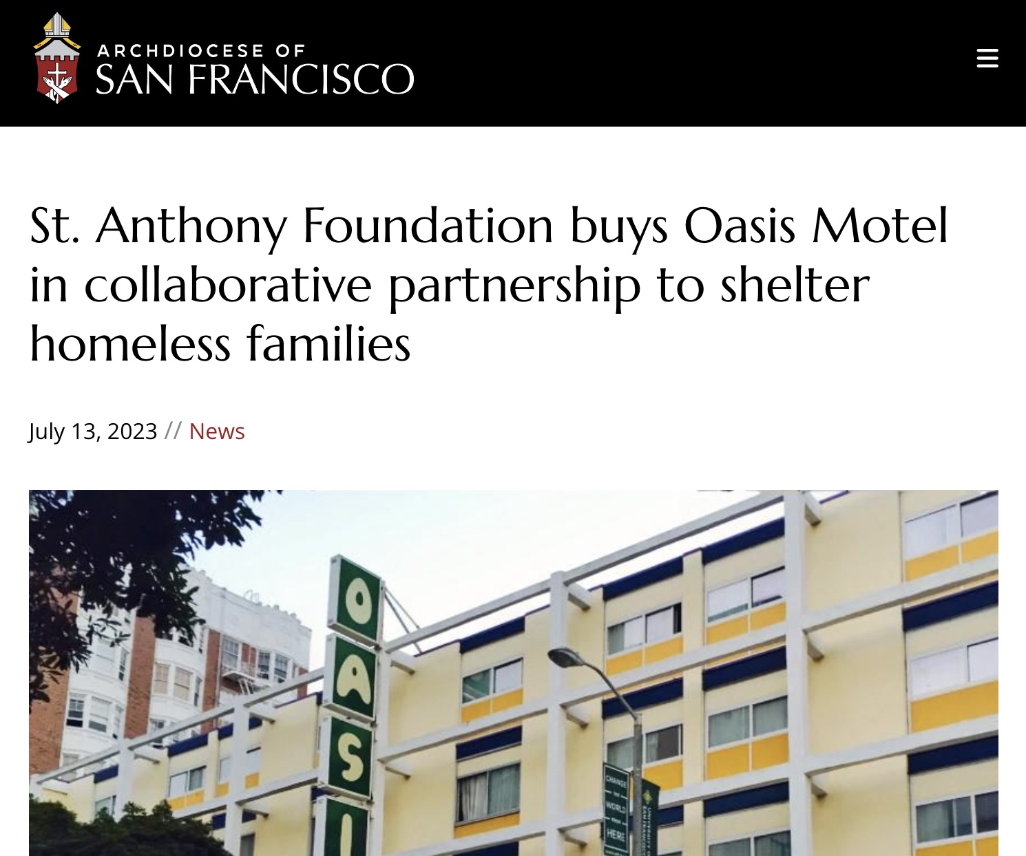 Catholic SF Magazine: St. Anthony Foundation buys Oasis Motel in collaborative partnership to shelter homeless families