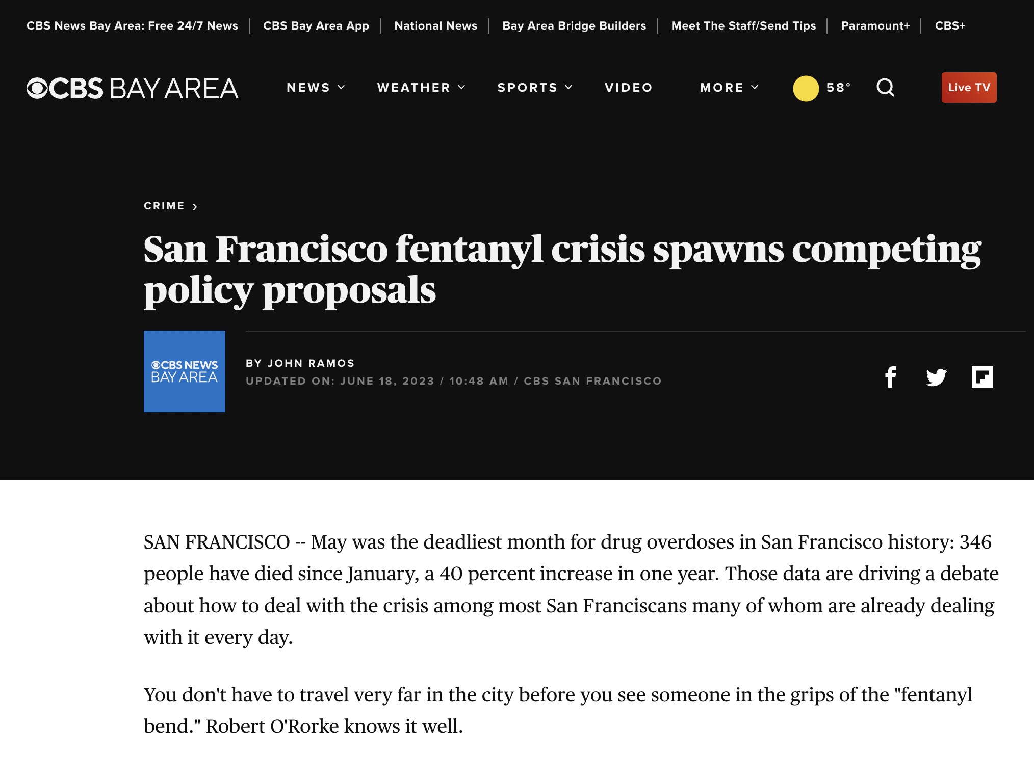 CBS News Bay Area Article: San Francisco fentanyl crisis spawns competing policy proposals