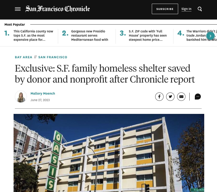 SF Chronicle Exclusive: S.F. family homeless shelter saved by donor and nonprofit after Chronicle report