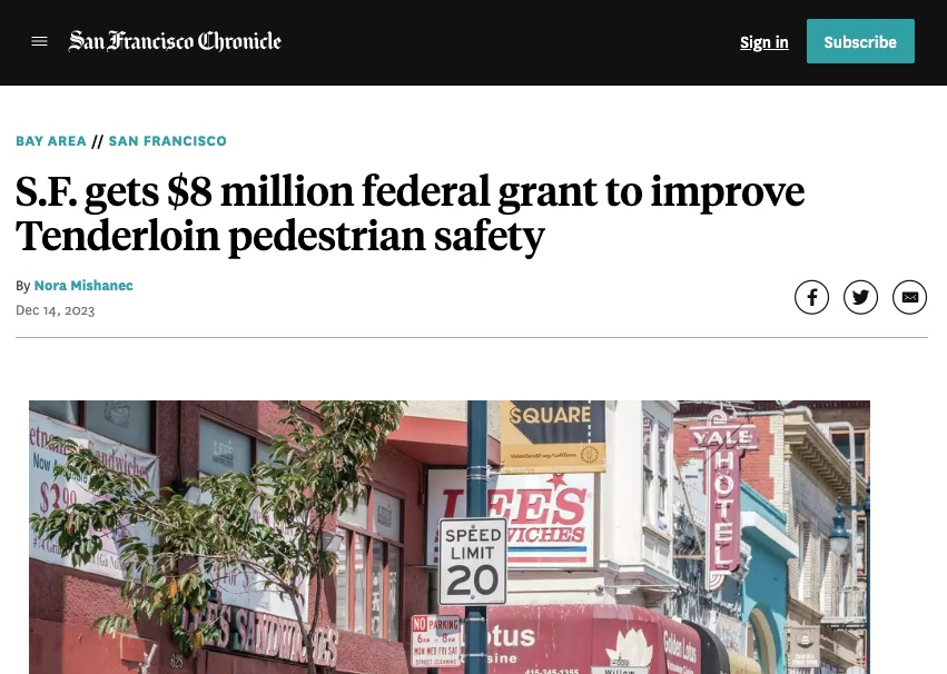 SF Chronicle: S.F. gets $8 million federal grant to improve Tenderloin pedestrian safety
